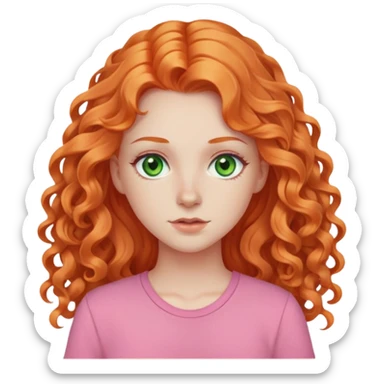 white pale girl with long curly orange hair, green eyes, pink shirt sticker