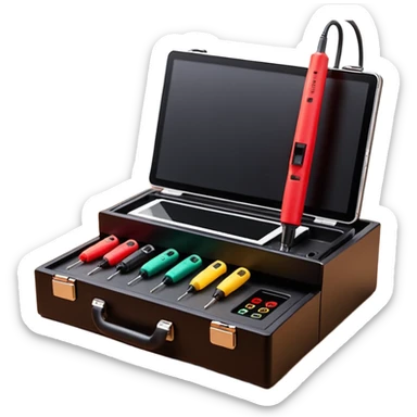 Open professional black testing case on wooden desk. Interior: control panel with colored sockets, USB ports, and power outlet. Inside: a roll of white QR-code calibration stickers. Hand using a red test probe.  sticker