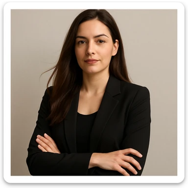 selbstbewusste Frau mit langen braunen Haaren, neutraler Hintergrund, Oberkörper, moderne Kleidung sticker