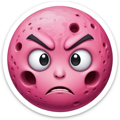 pink planet with craters and an angry face with furrowed eyebrows sticker