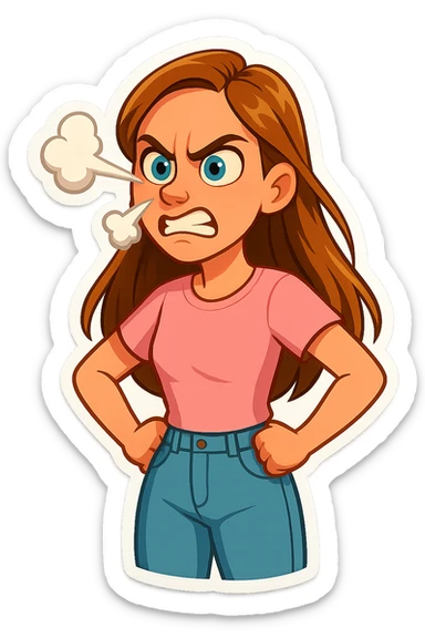 3D cartoon sticker, DreamWorks style of a 30-year-old woman with long light brown hair below shoulder blades, fair skin, large expressive blue eyes, slight bump on nose, wearing a pastel pink t-shirt and light blue mom jeans, angry with steam from nose, soft light, white sticker outline sticker