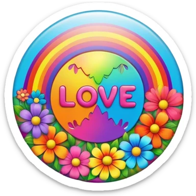A round psychedelic colored button that says love with rainbow colored hippie style flowers sticker