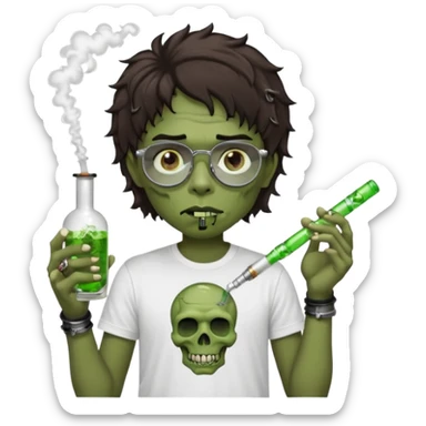 brown short wavy haired zombie getting stoned with weed t shirt and bong on his hand and wearing black chrome hearts bifocals sticker