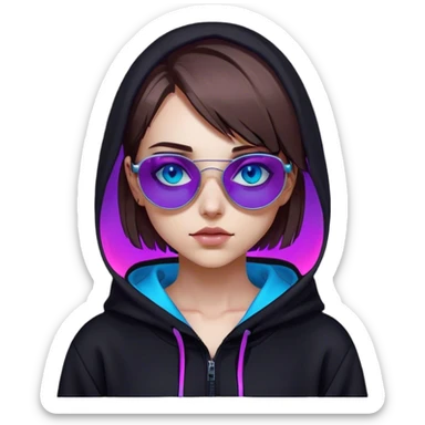 
girl with brown bob and blue eyes in a black hoodie and sunglasses. Cyberpunk style. Violet neon. sticker