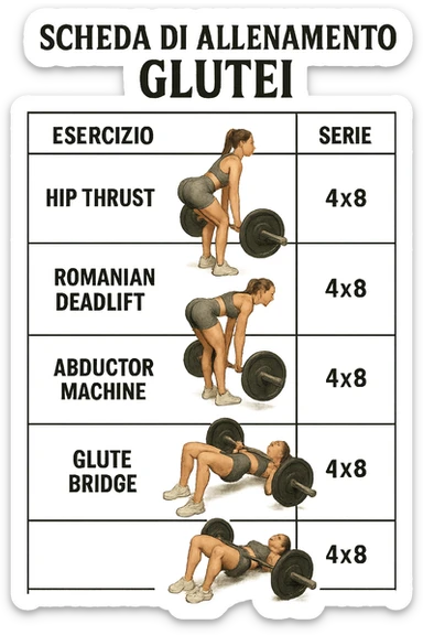 scheda di allenamento glutei in italiano con le reps scritte (tipo 4x8 ecc), iperrealistico 4k sticker