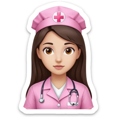 Girl with long dark brown hair and brown eyes wearing pink nurse shirt sticker