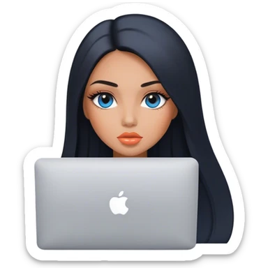 Glamours, tanned, very beautiful girl, with big pump peach lips, black straight smooth silky long hair, straight parting, blue-grey eyes with MacBook sticker