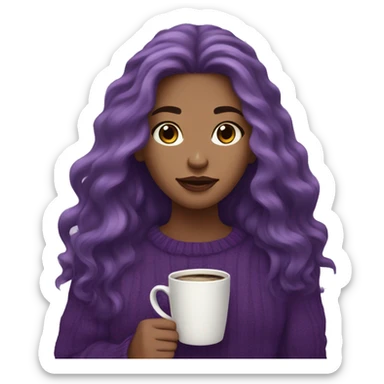girl with long wavy purple hair holding a coffee mug with a purplish sweater- giving off a purple aesthetic sticker