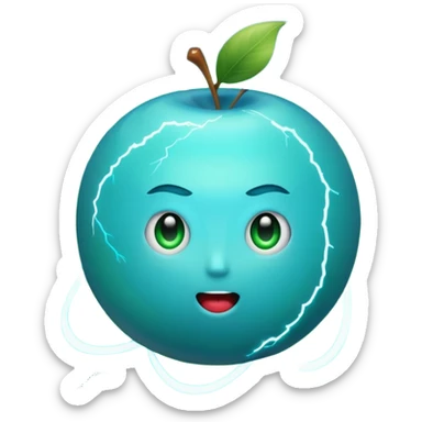 Uranus planet emoji with a face, electric like lightning, blue-green color, chaotic energy, rings, expressive features showing surprise or excitement, symbolizing unexpected change, Apple-style emoji sticker