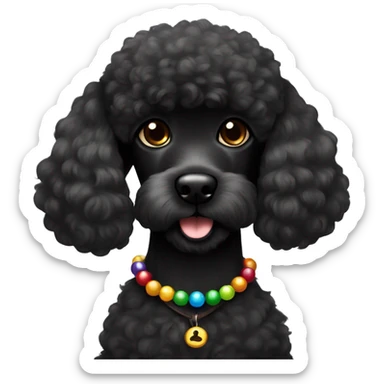 One Small furry Black Poodle with one  colorful bead necklaces with brown harness sticker