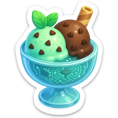 3D glossy ice cream sundae in glass bowl with mint and chocolate chip scoops, wafer stick, shiny highlights sticker