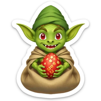 A retro pixel art goblin with a cloth sack over its back filled with dragon eggs. sticker