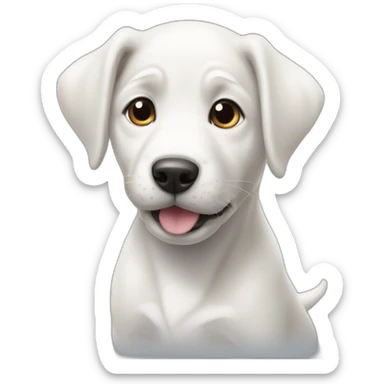 a white puppy with its upper body on typhoon sticker