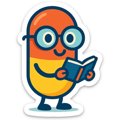 A smiling capsule pill with big round glasses, holding a tiny open book, cartoon style, vibrant colors sticker