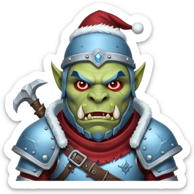 
Fantasy Christmas orc legion soldier icon, iron tundra army theme, heavy winter armor, disciplined brutal look, icy blue steel armor with deep crimson accents, frozen metal texture, cold winter atmosphere, male variant sticker