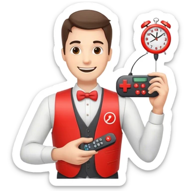 Man that is smiling while holding a remote controller. The man is wearing a vest. On the vest there is a clock and there are red cylindrical objects  sticker