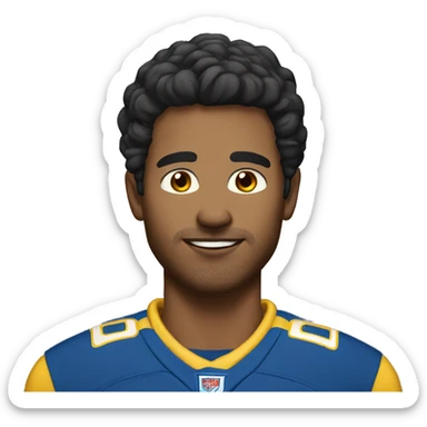 a handasome man dark hair, wheat skinned, brown eyes wearing yellow and blue sportsgear sticker