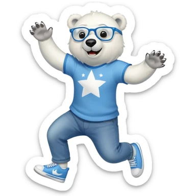 friendly anthropomorphised polar bear jumping and looking excited, wearing a shirt, jeans, trainers, star-shaped glasses sticker