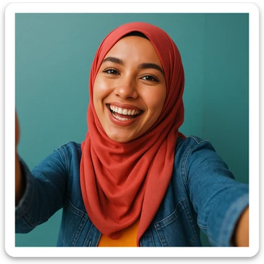 hijabi woman taking a selfie, smiling, modern style, clear facial features, vibrant colors, joyful mood sticker