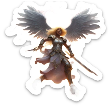 angels and demons in a lively fight mid flight with swords and armor and lightning sticker