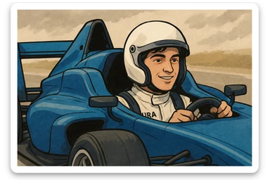 Franco Colapinto driving a blue car, realistic cartoon style sticker