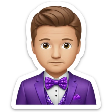 Jeremy Renner with light brown hair, purple sequin suit with bow tie sticker