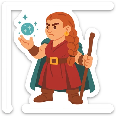 flat toon style female dwarf sorcerer from DnD, magical energy in hand sticker