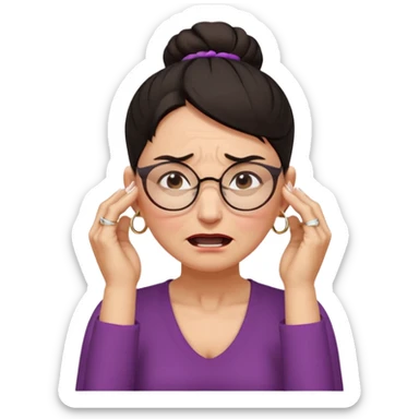  middle aged woman with dark hair pulled up in a high bun, wearing round ring earrings and glasses, expression extreme pain on her face, covering her ears with her hands very painful expression on her face, eyes squeezed shut, wincing in pain covering her ears with her hands sticker