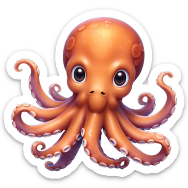 Cinematic Cute Octopus Portrait Emoji, Head tilted playfully and inquisitively, featuring a charming, rounded body with soft, shimmering skin and eight expressive, gently curling arms with playful suckers, with round, sparkling eyes full of wonder, Simplified yet irresistibly adorable features, highly detailed, glowing with a warm, inviting underwater glow, high shine, affectionate and lively, stylized with a touch of whimsical marine charm, soft glowing outline, capturing the essence of a mischievous yet loving octopus that seems as if it could float out of the screen into your arms! sticker