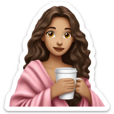 A pretty brunette girl with very long wavy hair in a pink blanket sipping coffee sticker