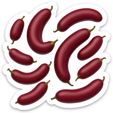 4 red kidney beans, scattered, smooth glossy surface, deep reddish-maroon, curved shape, natural variation, dry and polished, 3D-rendered, minimal, no faces, transparent background sticker