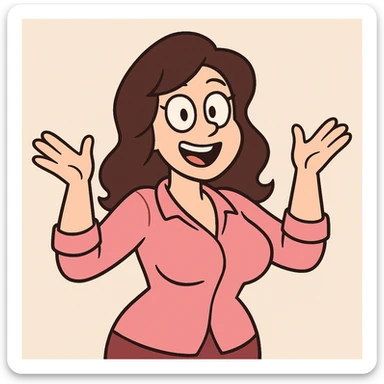 pale-skinned brunette woman, pink blouse, busty, cheerful, simple background, cartoon style sticker