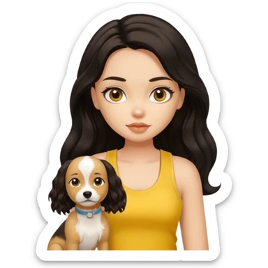 brown pretty bratz girl with long wavy black hair, wearing a yellow tank top with a dog sticker