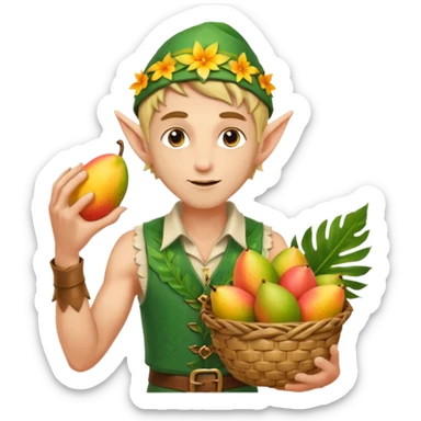 elf male Sleeveless vest with palm-leaf print, basket of exotic fruits (mango/lychee), sunburned nose. sticker