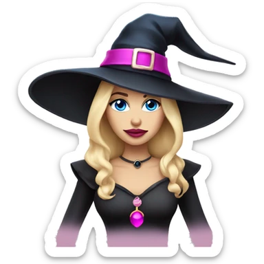 Beautiful blonde blue eyed witch with pink lips wearing witch hat sticker