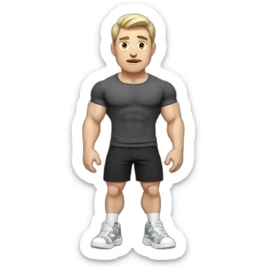 Confused Pale skinned Fit Man With the biceps and dark brown hair in black shirt, gray sports shorts and white Sneakers sticker