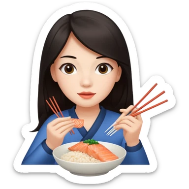 chica joven con piel clara y pelo oscuro largo comiendo un plato de arroz con salmón  sticker