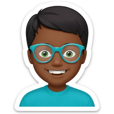 Chico de 7 años, pelo negro y repeinado, piel oscurita, gafas rectangulares azules, sonriente sin 1 diente, jersey verde turquesa y ojos rasgados, no redondeados sticker