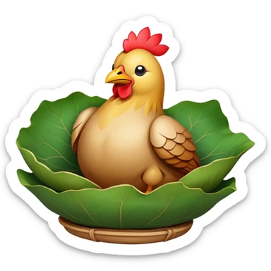Beggar's Chicken wrapped in lotus leaf and clay, simplified emoji style with bold outlines and bright colors, cartoon style traditional Hangzhou dish before cracking sticker