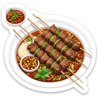 Xinjiang roasted lamb skewers with cumin and chili, simplified emoji style with bold outlines and bright colors, cartoon style Uyghur style Kawap sticker