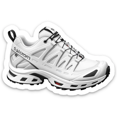 Pure white Salomon XT-6 shoes with zero colored elements, one arranged behind the other, minimal iOS emoji aesthetic, clean white sneakers sticker