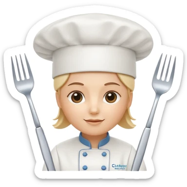 rounded square mobile app logo design, 3d icon of a chef's hat and a fork combined, subtle gradient, minimal soft blue background, flat design, clean, professional food service icon sticker