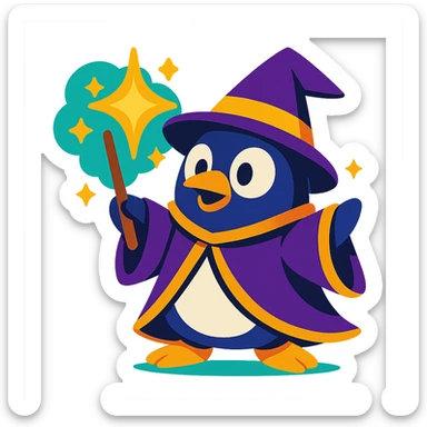 a cartoon penguin wizard casting a spell, with sparkles and a magical aura sticker
