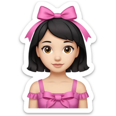 Beautiful girl with short black hair in a half-up half-down hairstyle with pink ribbon tying the top half, waves at the ends, brown eyes, light skin, slight smile, and pink dress sticker