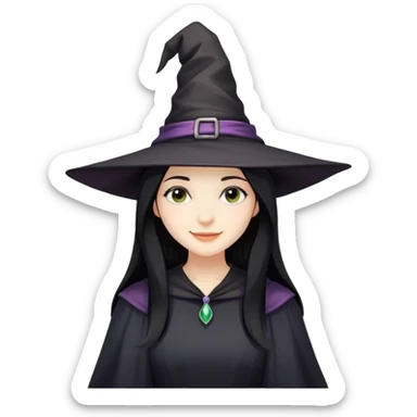 "- Nữ
- 25 tuổi
- Da trắng
- Tóc đen, ngang vai
- Mặt cười mỉm
- Đội mũ phù thủy" sticker
