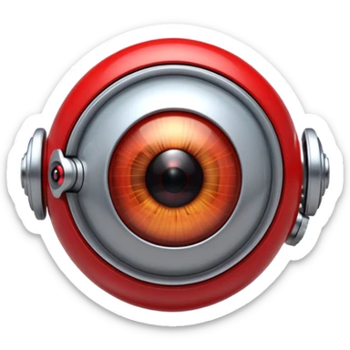3D render of Robotic Eye, futuristic cyborg aesthetic, fusion of organic skin and chrome metal, white eyeball with a glowing red camera lens iris, exposed wiring, Apple emoji style, isolated on white background --v 6.0. sticker