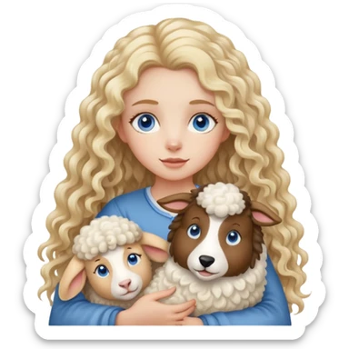 Girl with long curly blonde hair and blue eyes holding sheep collie sticker