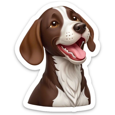 Cinematic Comical German Pointer Dog Portrait Emoji, Head tilted dramatically while yawning exaggeratedly, sleek brown and white fur, Simplified yet hilariously adorable features, highly detailed, glowing with an almost sarcastic glow, high shine, a mix of lazy and curious, stylized with a touch of playful whimsy, bright and alert but with a comical expression, soft glowing outline, capturing the essence of a mischievous yet overly dramatic dog, so meme-worthy it feels like it could leap off the screen and sassily demand attention, ready to become the internet’s next viral sensation! sticker