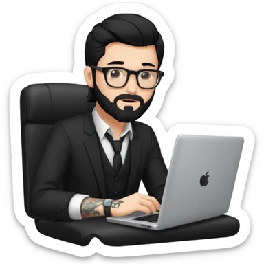 a young man with long black hair, with formal cloth, beard, wearing glasses sitting with a laptop, tattoo inyout arms sticker