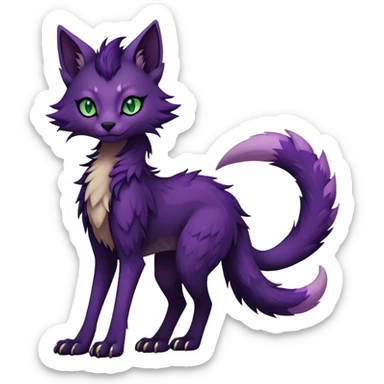 Kawaii dark edgy dark deep purplish with dark green eyes fantasy ethereal feline-vernid-sergal-fursona animal creature with a tufted tail full body with intricate markings  sticker